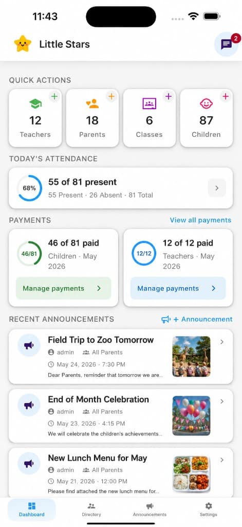 MyKidTrack Kindergarten-Admin-Dashboard auf dem Handy — Schnellaktionen, Anwesenheit, Zahlungen und Ankündigungen
