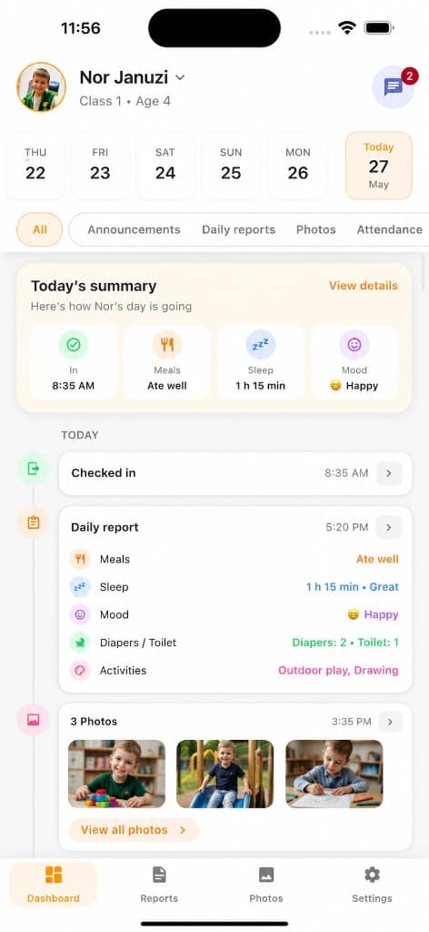 MyKidTrack Eltern-Dashboard auf dem Handy — Tagesübersicht, Berichte, Fotos und Timeline