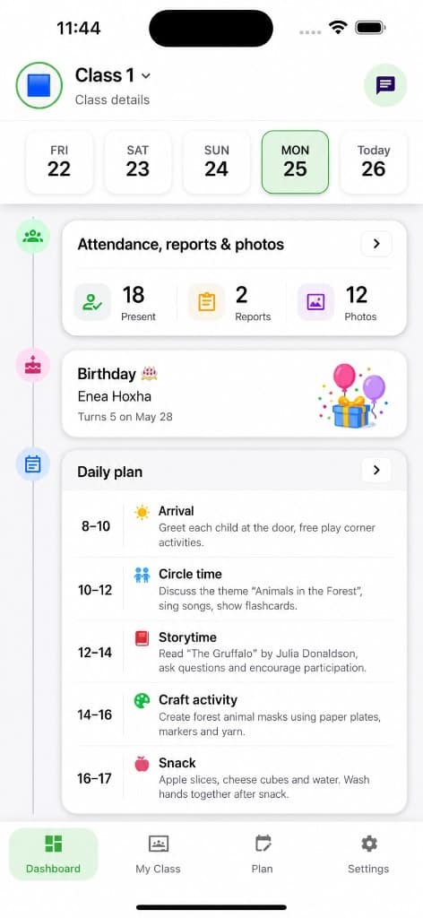 MyKidTrack Lehrer-Dashboard auf dem Handy — Klassenanwesenheit, Berichte, Fotos und Tagesplan