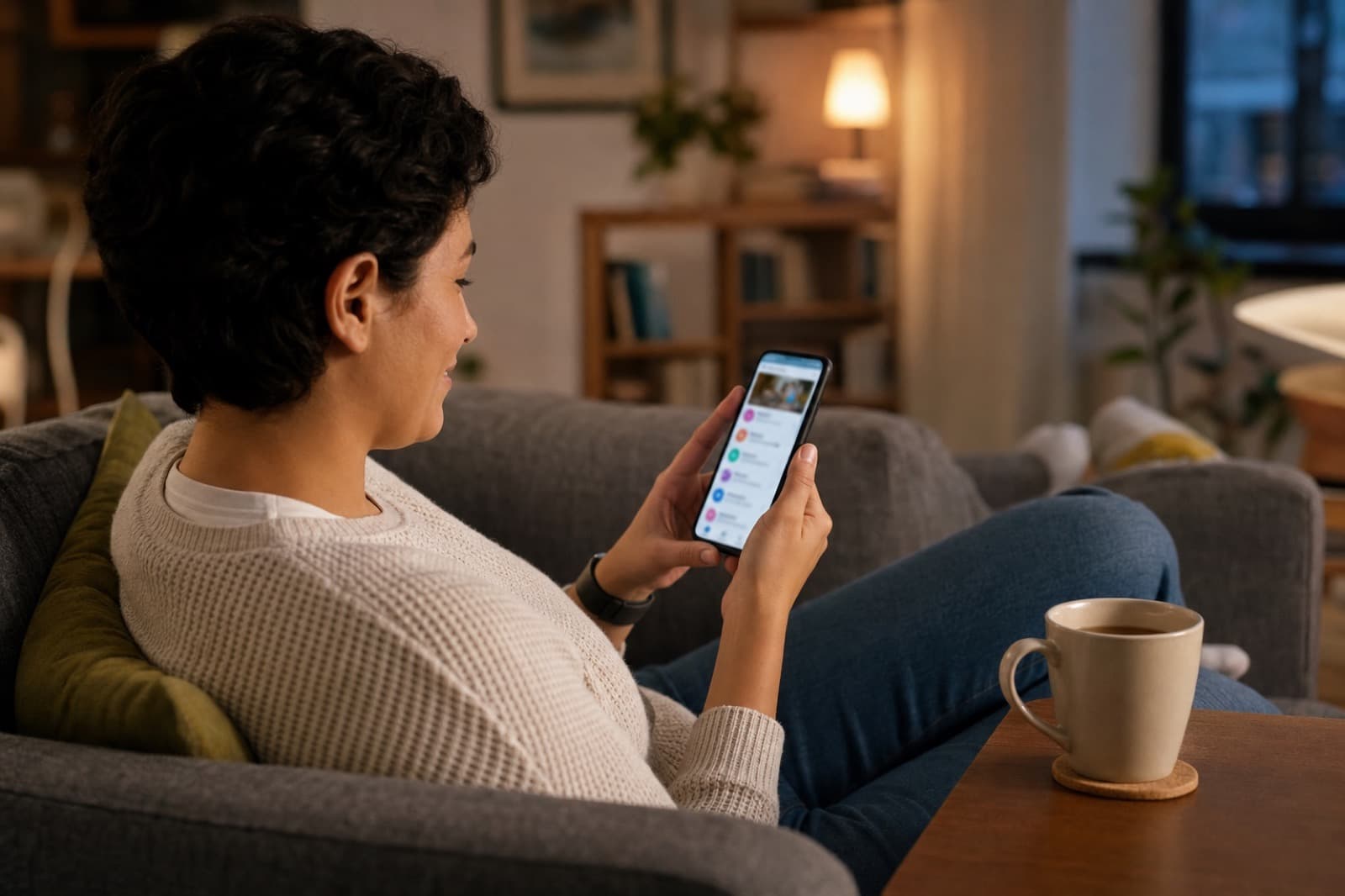 Elternteil zu Hause sieht Kita-Updates zum Kind auf dem Smartphone