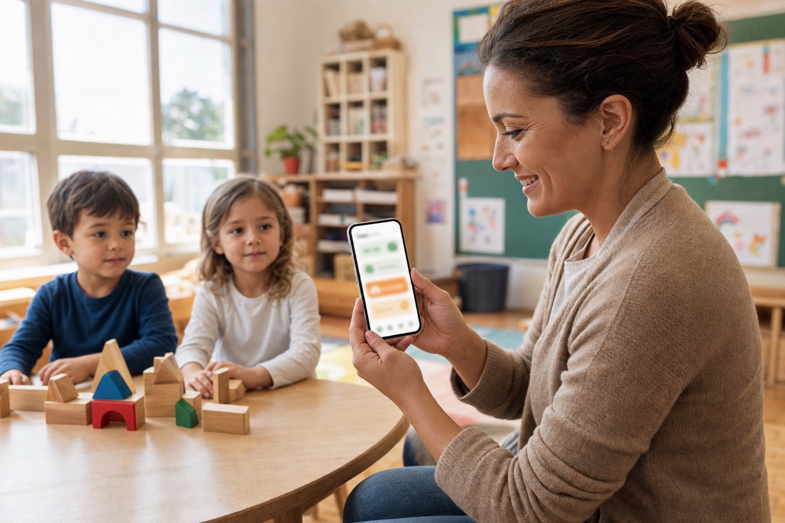 Lehrkraft nutzt die MyKidTrack-App in einem hellen Kindergarten-Klassenraum